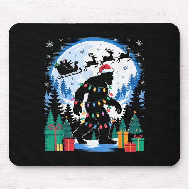Santa Bigfoot Christmas Lights Funny Sasquatch Bel Mouse Pad (Front)