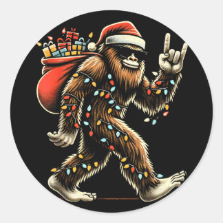Santa Bigfoot Christmas Lights Funny Sasquatch Classic Round Sticker