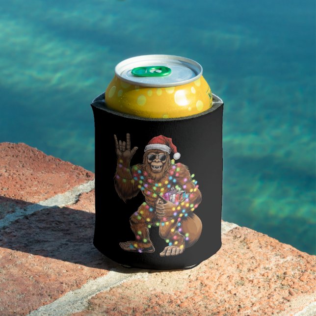 Santa Bigfoot Christmas Lights Rock Funny  Can Cooler (In Situ Pool)