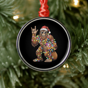 Santa Bigfoot Christmas Lights Rock Funny Metal Ornament