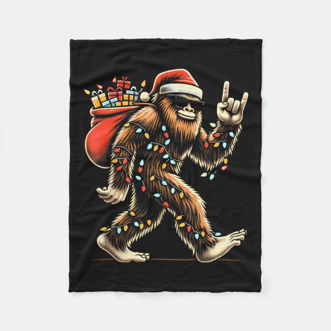 Santa Bigfoot Christmas Lights Rock Funny Sasquatc Fleece Blanket (Front)