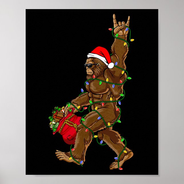 Santa Bigfoot Christmas Lights Rock Funny Sasquatc Poster (Front)