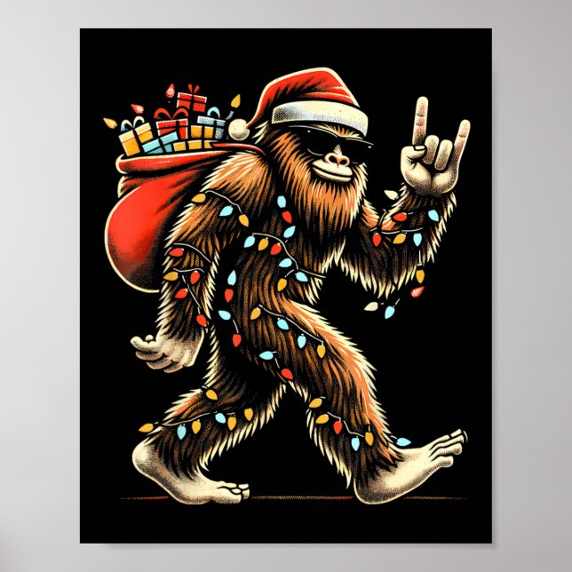 Santa Bigfoot Christmas Lights Rock Funny Sasquatc Poster (Front)