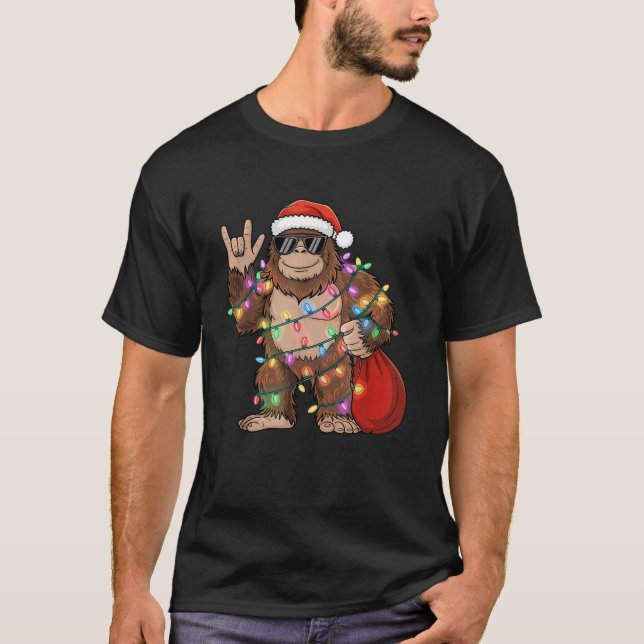 Santa Bigfoot Christmas Lights Rock Funny Sasquatc T-Shirt (Front)