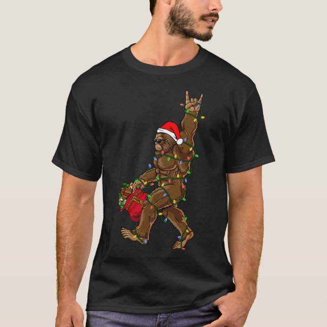 Santa Bigfoot Christmas Lights Rock Funny Sasquatc T-Shirt (Front)
