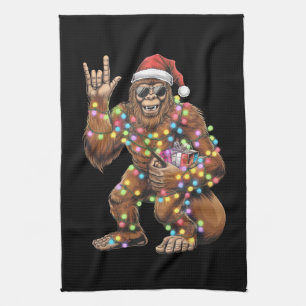 Santa Bigfoot Christmas Lights Rock Funny  Tea Towel