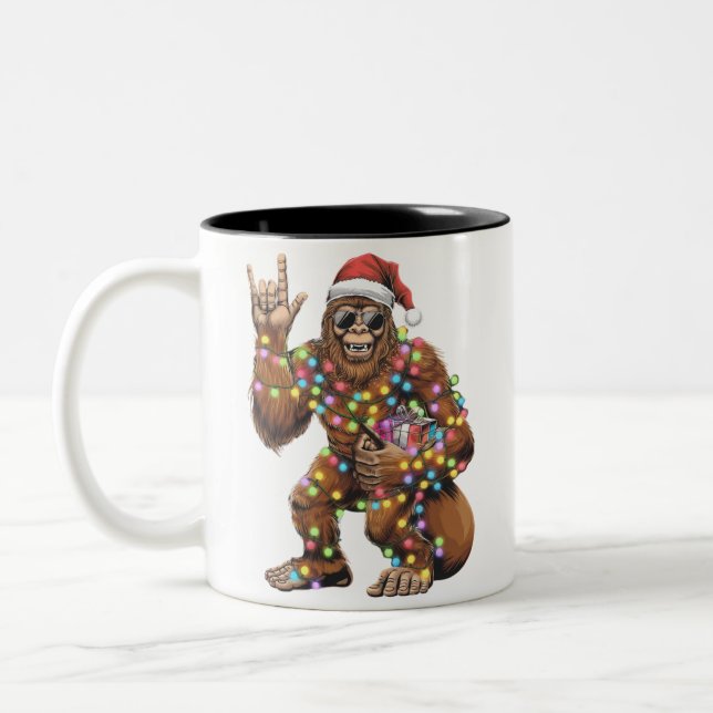 Santa Bigfoot Christmas Lights Rock Funny  Two-Tone Coffee Mug (Left)