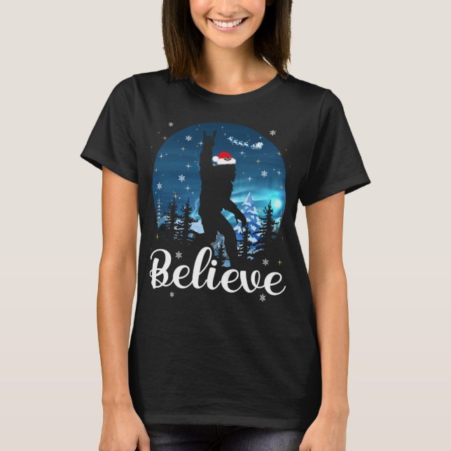 Santa Bigfoot Christmas Rock Roll Believe Xmas Fun T-Shirt (Front)