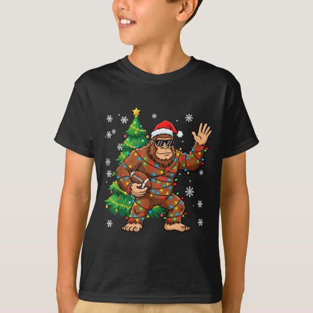 Santa Bigfoot Christmas Tree Funny Football Sasqua T-Shirt (Front)