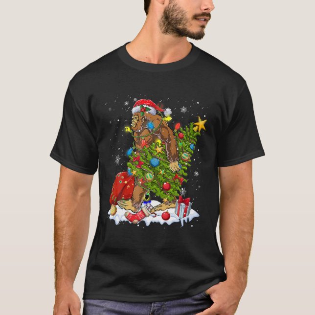 Santa Bigfoot Christmas Tree Lights Funny Bigfoot  T-Shirt (Front)