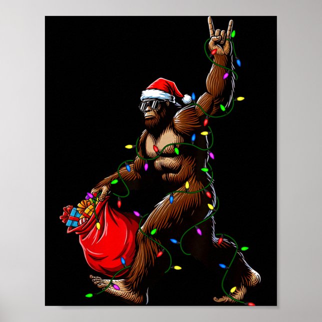 Santa Bigfoot Christmas Tree Lights Rock Funny Sas Poster (Front)
