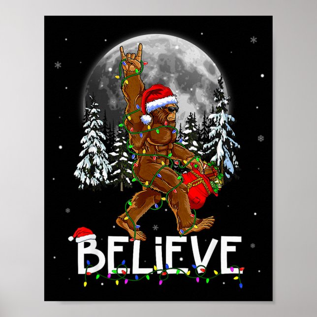 Santa Bigfoot Christmas Tree Lights Xmas Boys Men  Poster (Front)