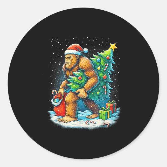 Santa Bigfoot Christmas Tree Sasquatch Xmas Lights Classic Round Sticker (Front)