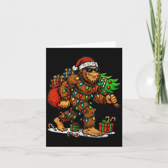 Santa Bigfoot Christmas Tree Xmas Lights Funny Sas Card (Front)