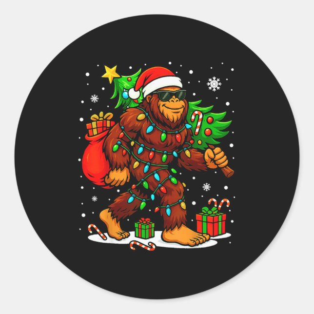 Santa Bigfoot Christmas Tree Xmas Lights Funny Sas Classic Round Sticker (Front)