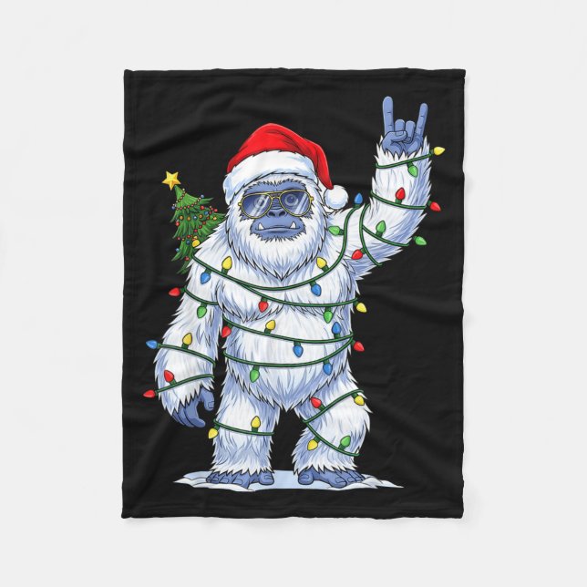 Santa Bigfoot Christmas Tree Xmas Lights Funny Sas Fleece Blanket (Front)