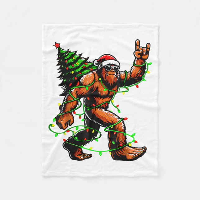 Santa Bigfoot Christmas Tree Xmas Lights Funny Sas Fleece Blanket (Front)