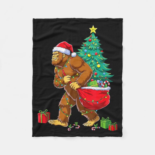 Santa Bigfoot Christmas Tree Xmas Lights Funny Sas Fleece Blanket (Front)