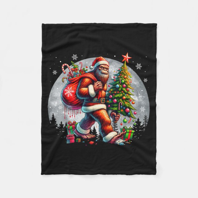 Santa Bigfoot Christmas Tree Xmas Lights Funny Sas Fleece Blanket (Front)