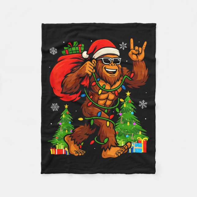 Santa Bigfoot Christmas Tree Xmas Lights Funny Sas Fleece Blanket (Front)