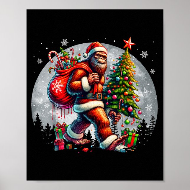 Santa Bigfoot Christmas Tree Xmas Lights Funny Sas Poster (Front)