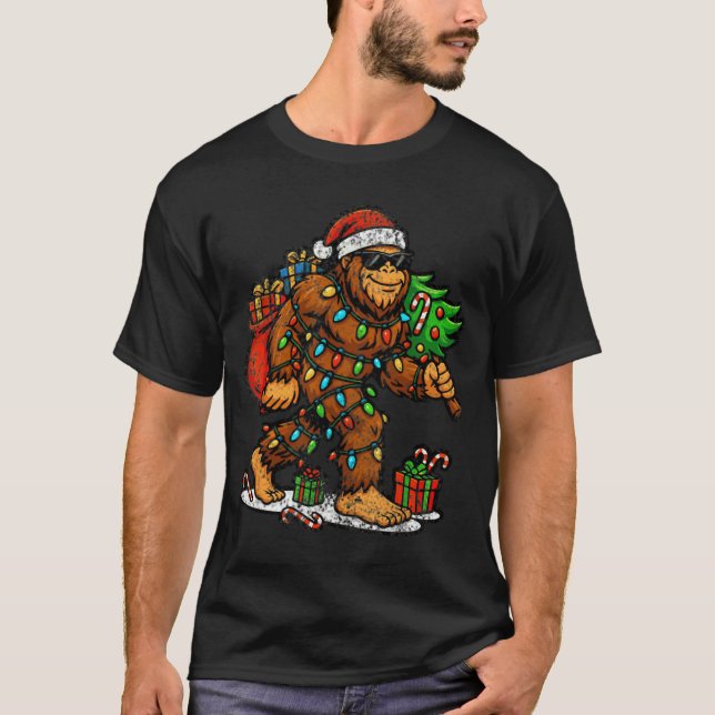 Santa Bigfoot Christmas Tree Xmas Lights Funny Sas T-Shirt (Front)