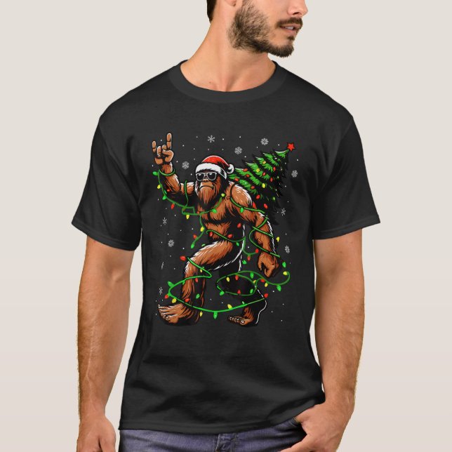 Santa Bigfoot Christmas Tree Xmas Lights Funny Sas T-Shirt (Front)