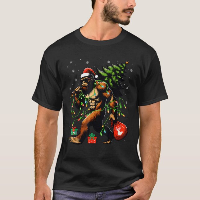 Santa Bigfoot Christmas Tree Xmas Lights Funny Sas T-Shirt (Front)