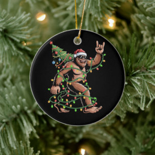 Santa Bigfoot Christmas Tree Xmas Lights Sasquatch Ceramic Ornament