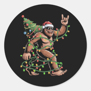 Santa Bigfoot Christmas Tree Xmas Lights Sasquatch Classic Round Sticker