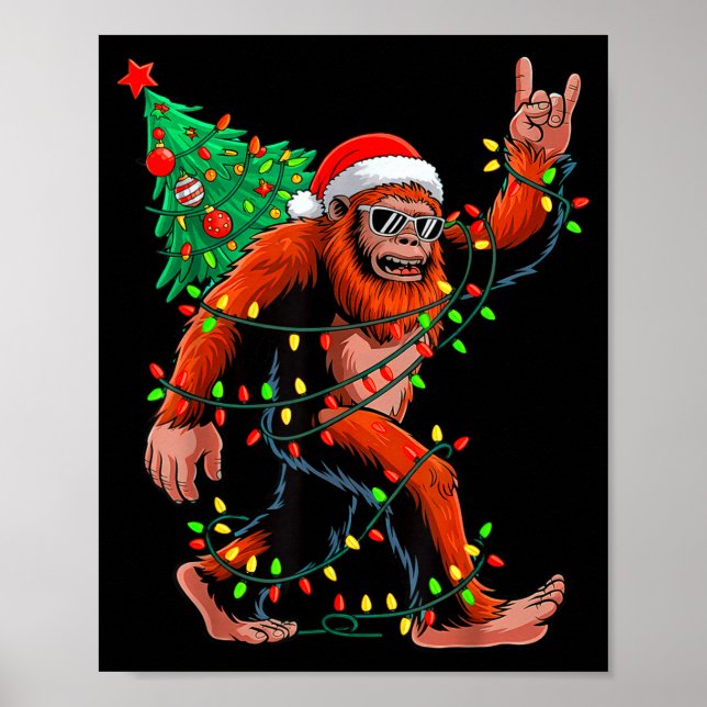 Santa Bigfoot Christmas Tree Xmas Lights Sasquatch Poster (Front)