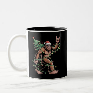 Santa Bigfoot Christmas Tree Xmas Lights Sasquatch Two-Tone Coffee Mug