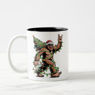 Santa Bigfoot Christmas Tree Xmas Lights Sasquatch Two-Tone Coffee Mug