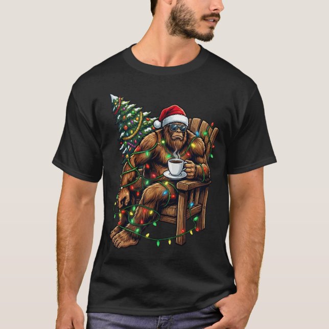 Santa Bigfoot Drinking Coffee Christmas Tree Xmas  T-Shirt (Front)