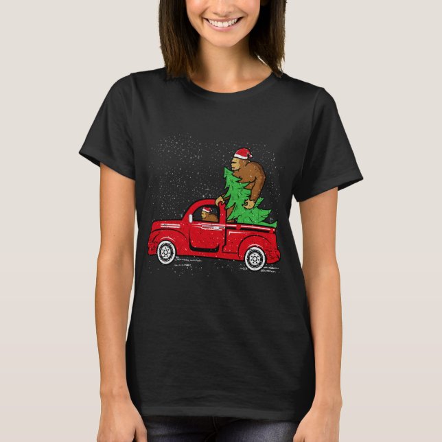 Santa Bigfoot Riding Red Truck Sasquatch Christmas T-Shirt (Front)