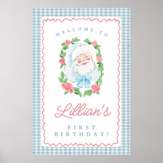 Santa Birthday Sign with Blue Gingham and Roses