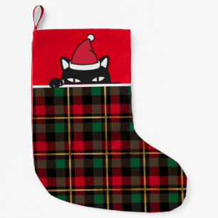 Santa Black Cat Peeking Buffalo Plaid Funny Small Christmas Stocking