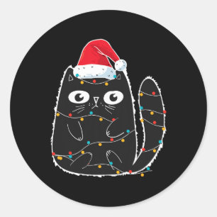 Santa Black Cat Tangled Up In Christmas Cat Lover Classic Round Sticker