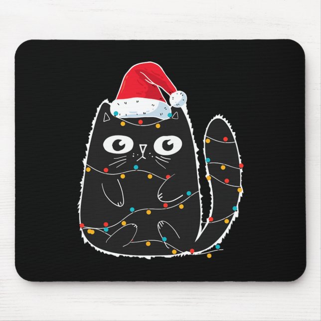 Santa Black Cat Tangled Up In Christmas Cat Lover  Mouse Pad (Front)