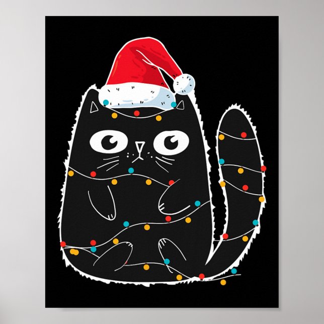 Santa Black Cat Tangled Up In Christmas Cat Lover  Poster (Front)