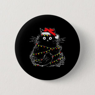 Santa Black Cat Tangled Up In Christmas Tree Light 6 Cm Round Badge