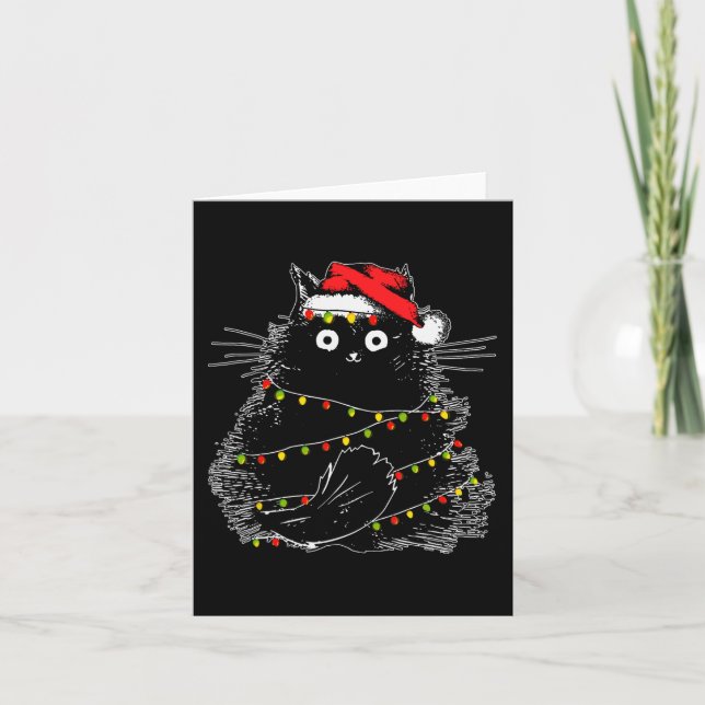 Santa Black Cat Tangled Up In Christmas Tree Light Card (Front)