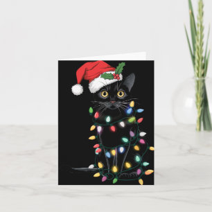 Santa Black Cat Tangled Up In Christmas Tree Light Card
