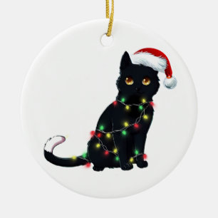 Santa Black Cat Tangled Up In Christmas Tree Light Ceramic Ornament