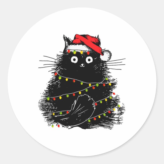 santa black cat tangled up in christmas tree light classic round sticker (Front)