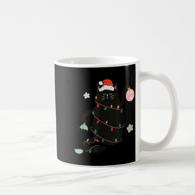 Santa Black Cat Tangled Up In Christmas Tree Light Coffee Mug (Right)