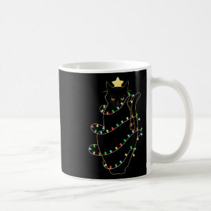 Santa Black Cat Tangled Up In Christmas Tree Light Coffee Mug