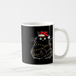 Santa Black Cat Tangled Up In Christmas Tree Light Coffee Mug