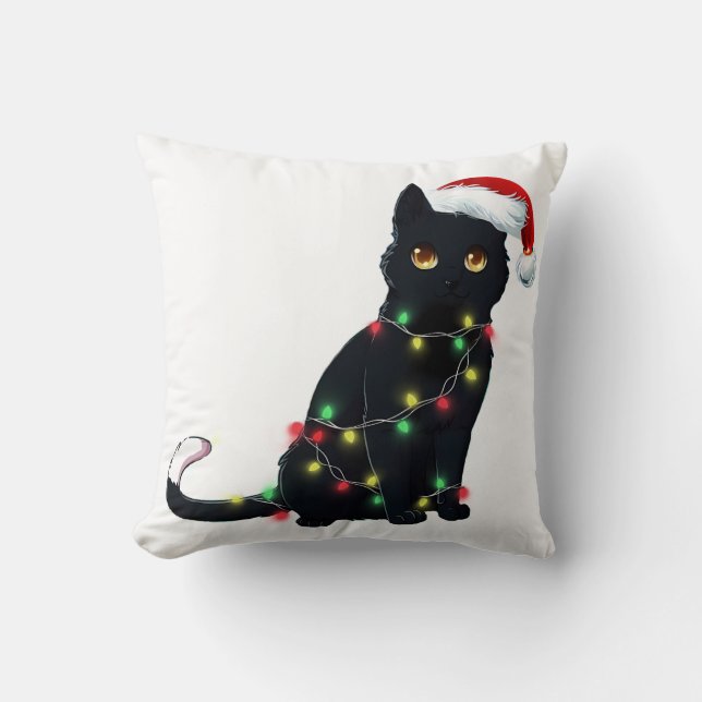 Santa Black Cat Tangled Up In Christmas Tree Light Cushion (Front)