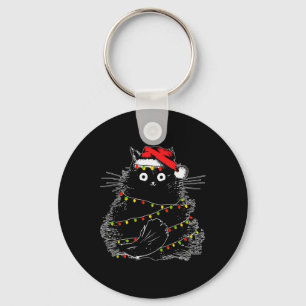 Santa Black Cat Tangled Up In Christmas Tree Light Key Ring